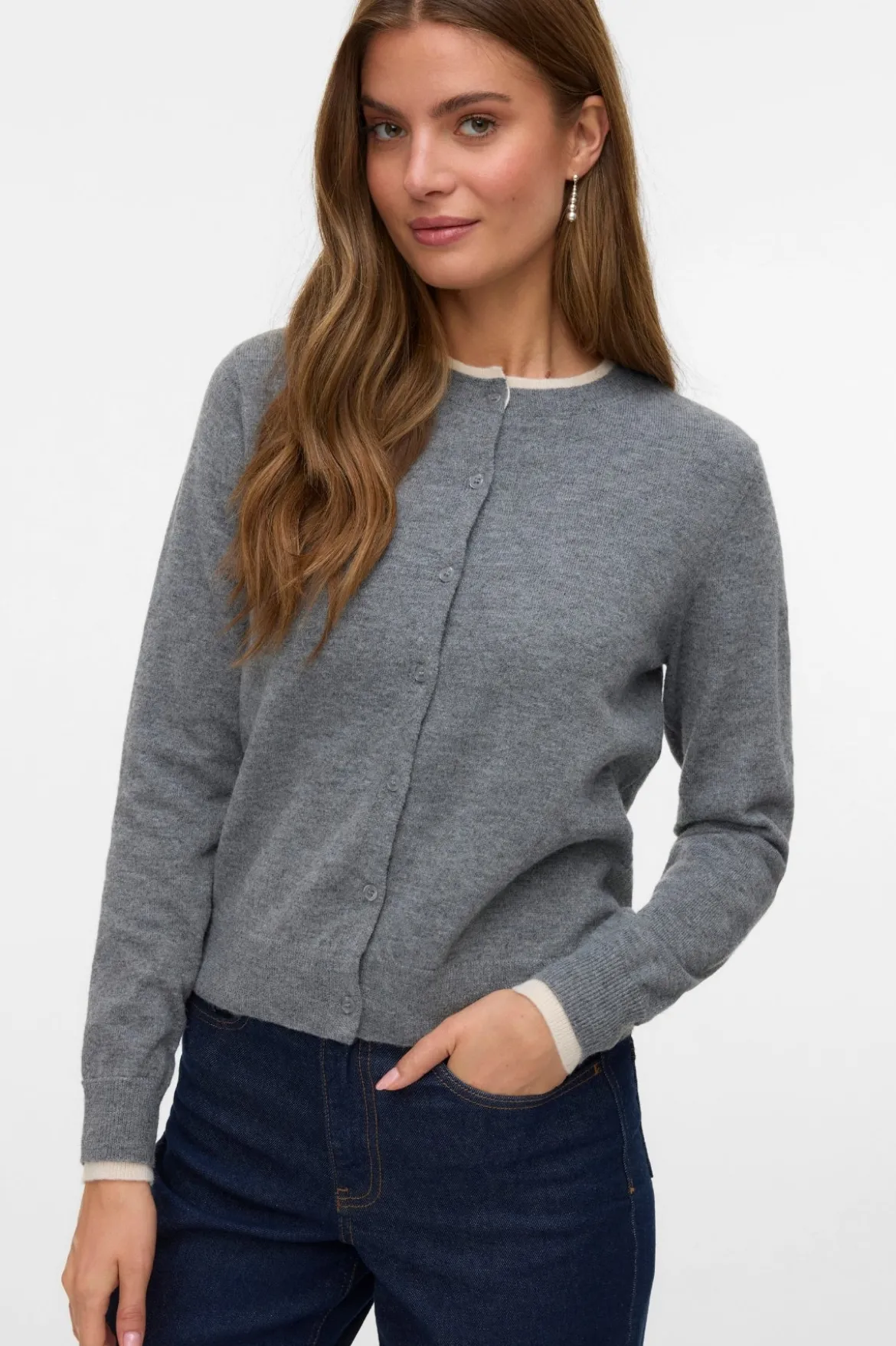 Vidunderlig O-Neck Cardigan - Medium Grey Melange m. Birch